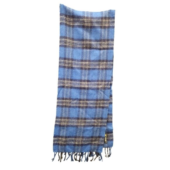 100% Baby Alpaca Wool Scarf Blue Plaid Design Fringed Edges - Picture 1 of 11